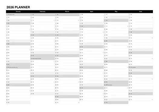 black 2026 6-month planner