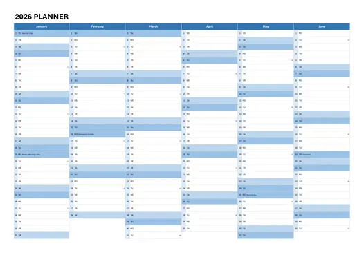 blue 2026 6-month planner