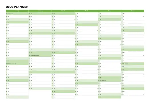 green 2026 6-month planner