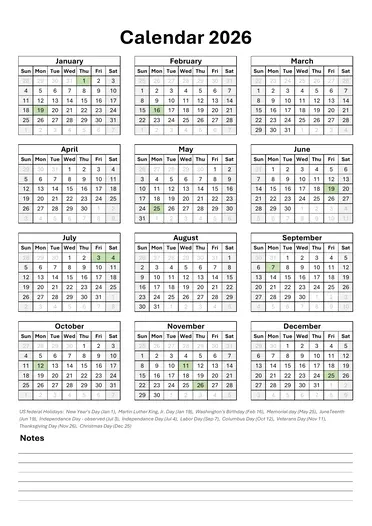 portrait grid notes 2026 calendar