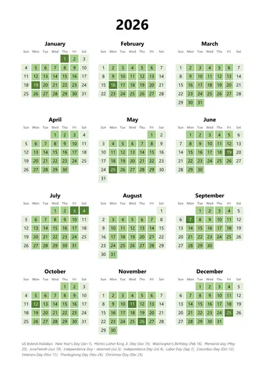 portrait square green 2026 calendar