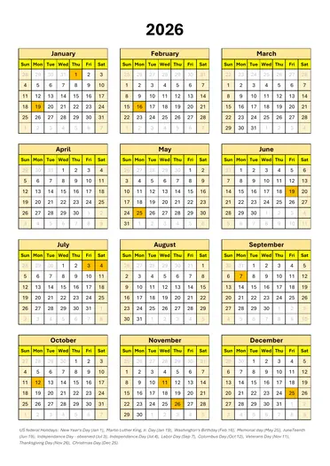 portrait yellow 2026 calendar